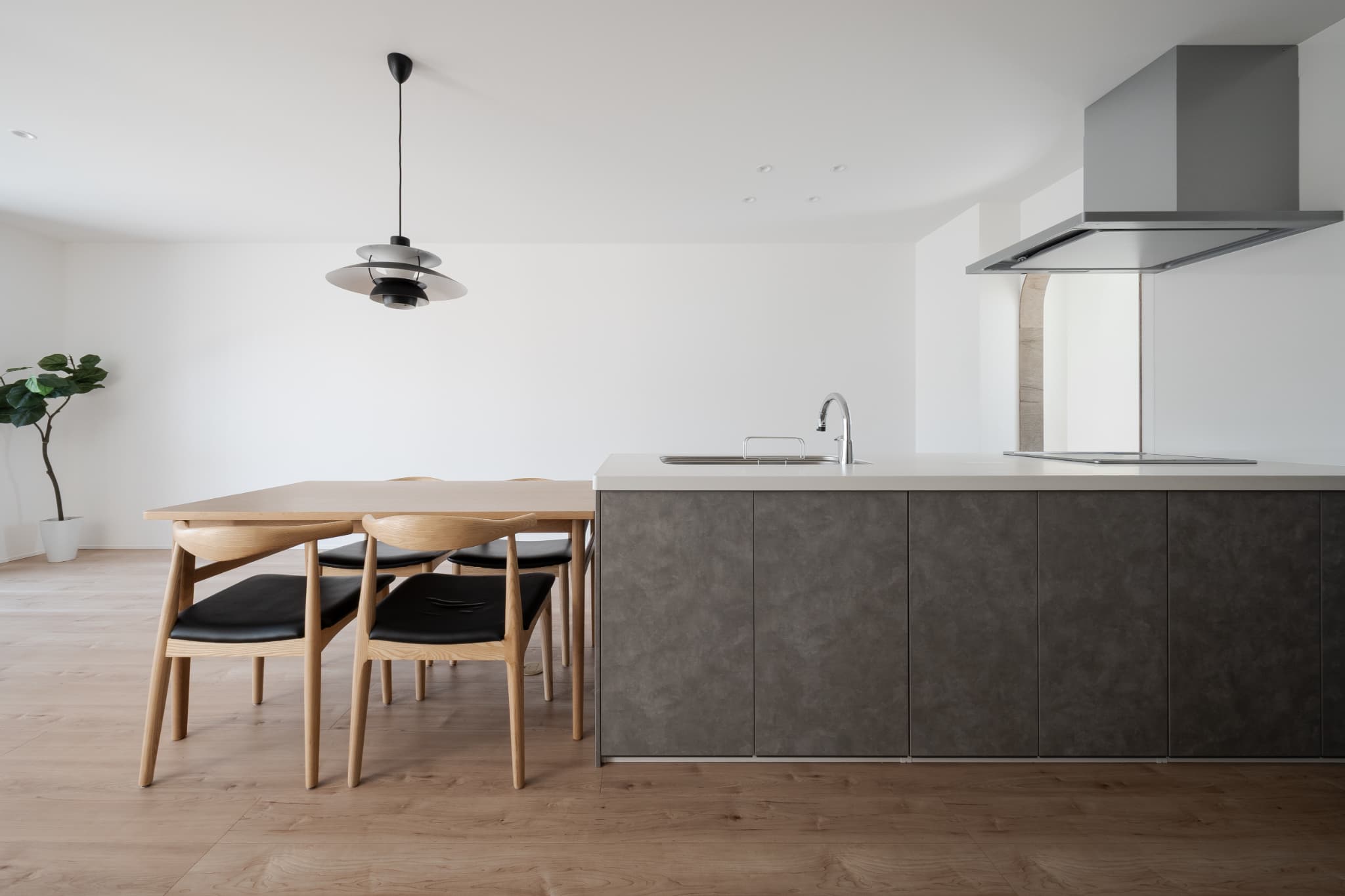 カーテンで仕切る、ワンルームのような広々LDKのある狭小住宅